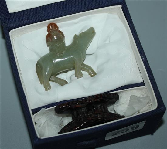 Chinese Jade group of a horse and monkey, stand and box